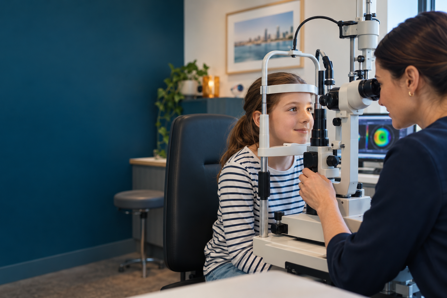 A child having a detailed eye examination with an optometrist